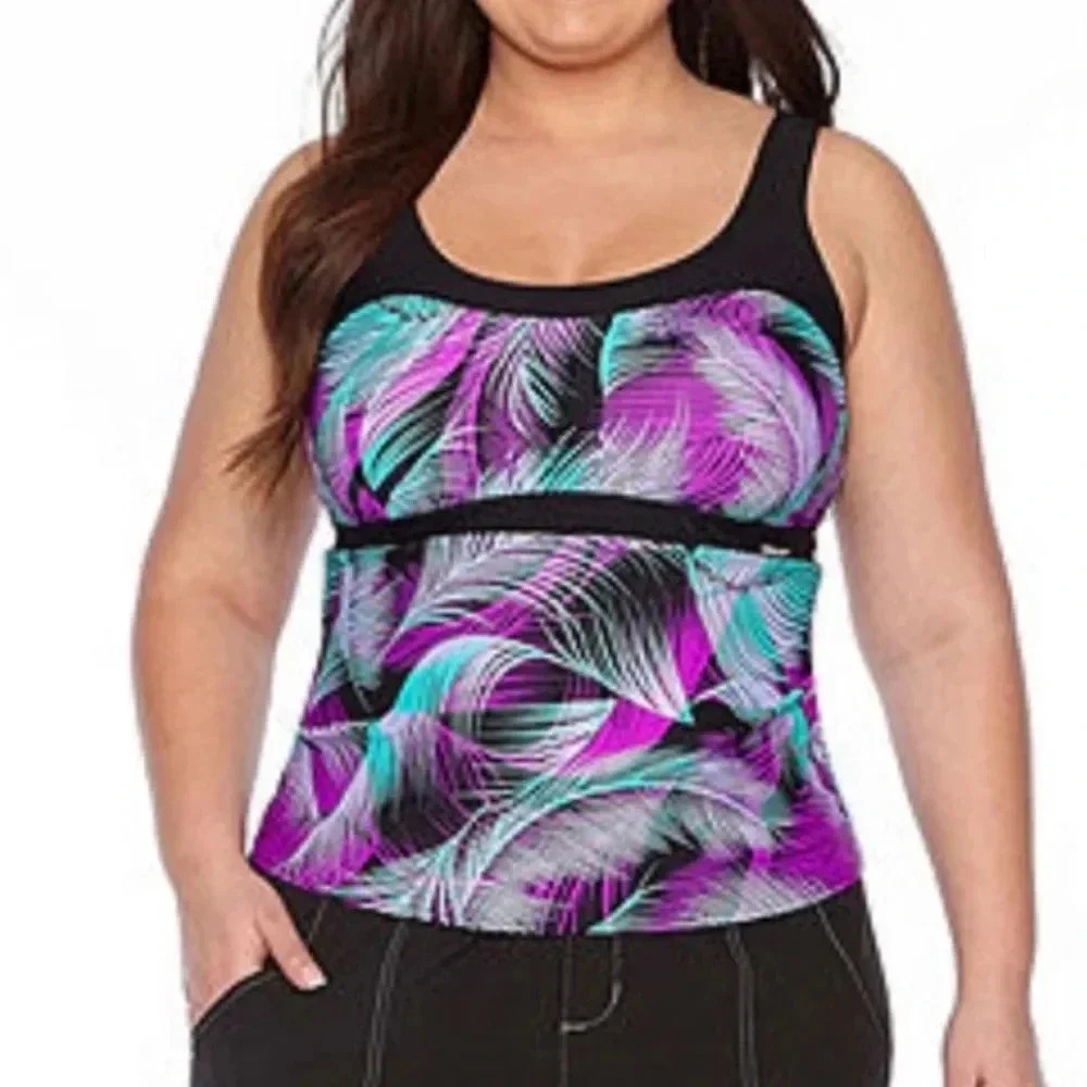 NWT Zeroxposur Plus Size Tankini Swim Top Size 2X 20W Purple Teal Feather